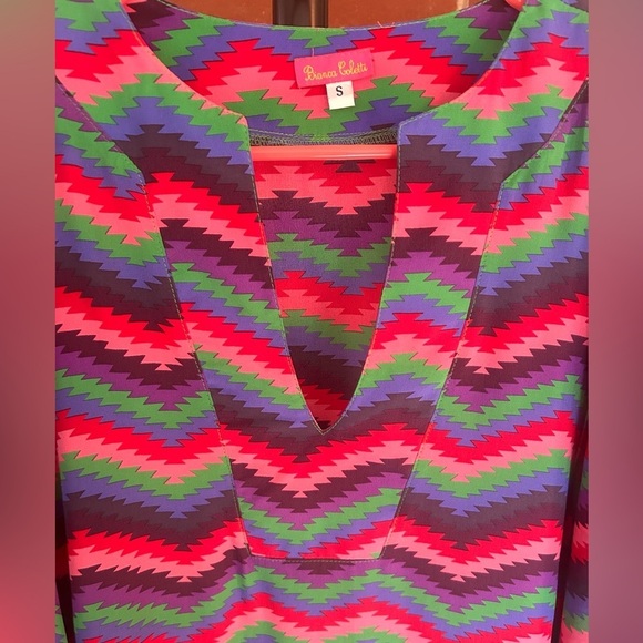 Bianca Colette Colorful Silk Zigzag Pattern Mod Retro Festival Party Dress - Picture 5 of 9